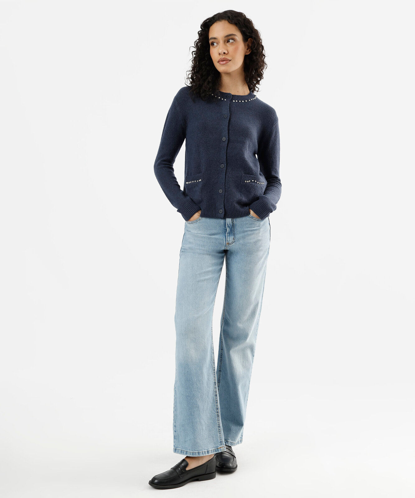 cardigan feminino tricot com brilhos azul