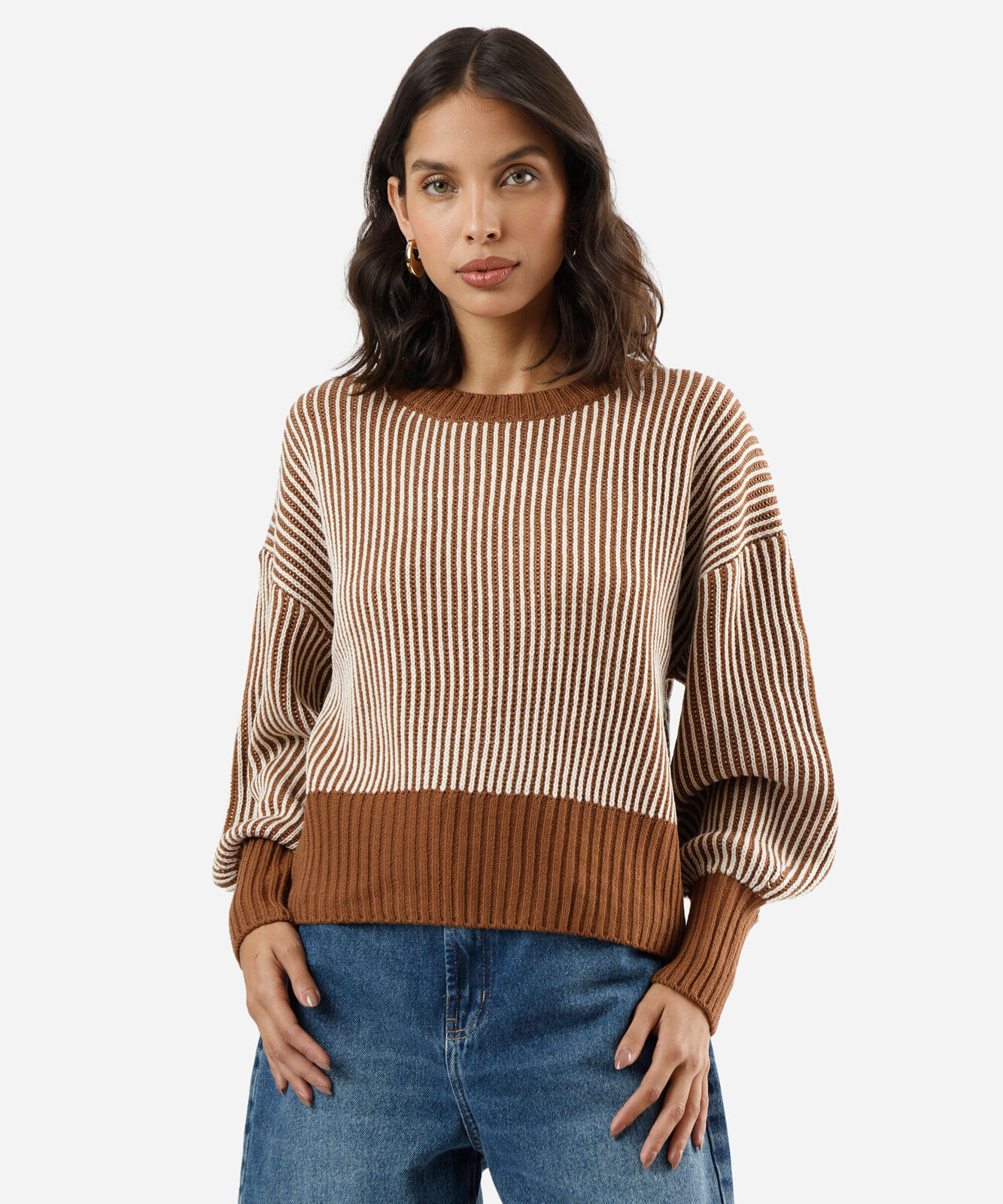 suéter feminino de tricot  manga bufante listrado marrom