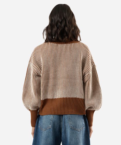 suéter feminino de tricot  manga bufante listrado marrom