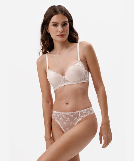 calcinha fio dental feminina com bordado floral bege