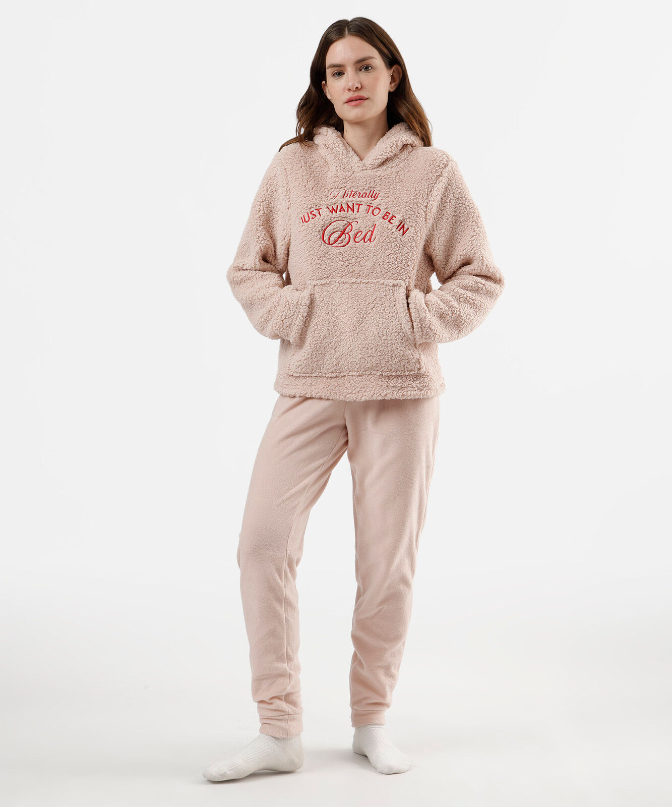 pijama longo feminino com bordado e capuz rosa