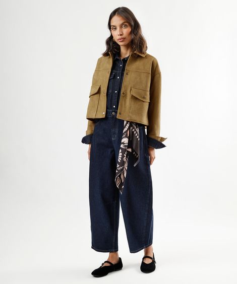 calça baggy cropped feminina jeans com lenço azul