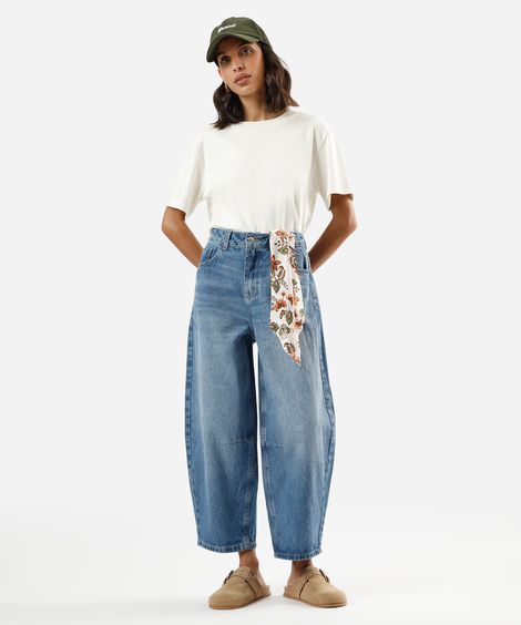 calça baggy cropped feminina jeans com lenço azul