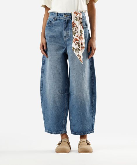 calça baggy cropped feminina jeans com lenço azul