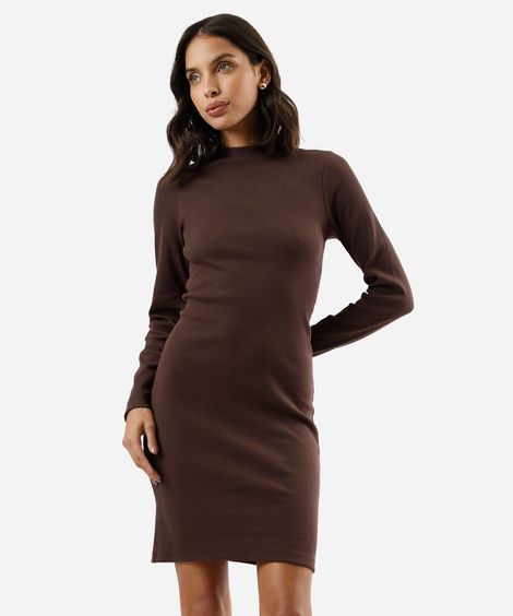 vestido curto feminino de algodão manga longa canelado marrom