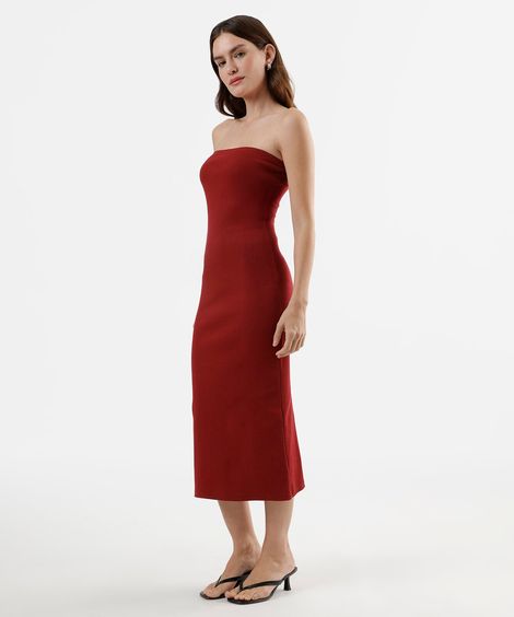 vestido midi sem alça canelado feminino de algodão vermelho
