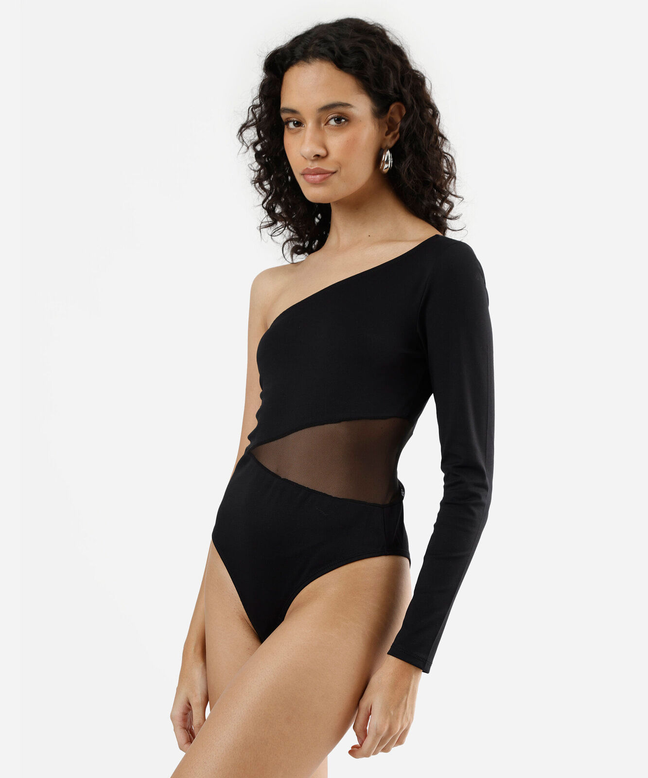 body ombro único feminino com recorte manga longa preto