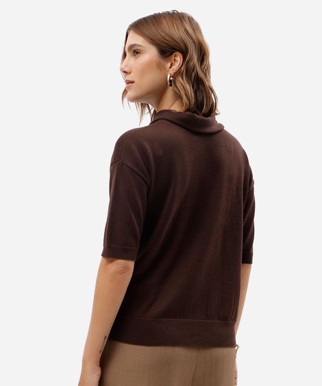 blusa feminina de tricot com gola manga curta marrom