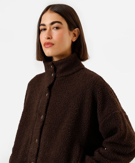 jaqueta oversized feminina de sherpa gola alta marrom