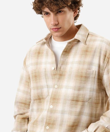 camisa masculina com algodão manga longa xadrez bege