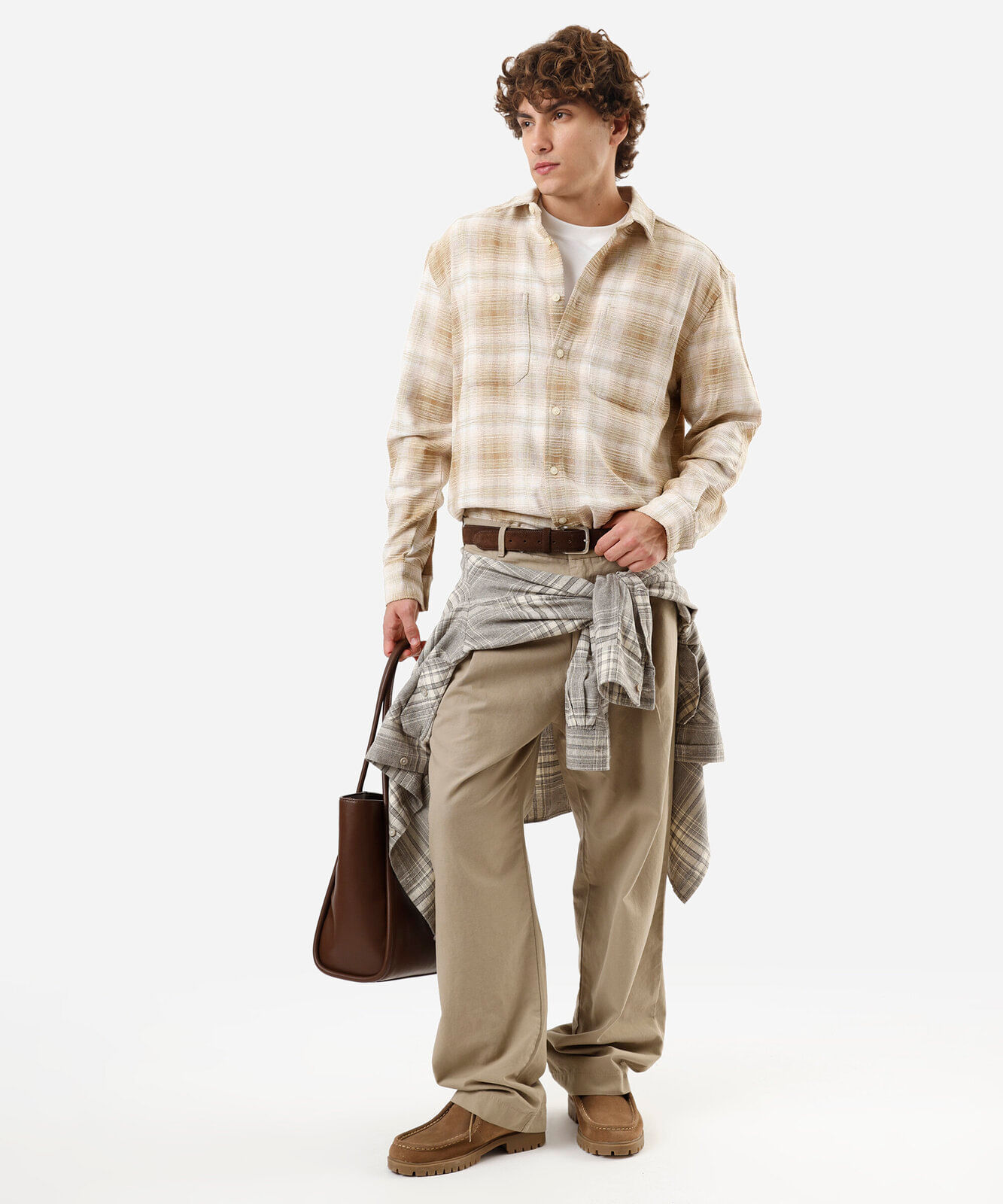 camisa masculina com algodão manga longa xadrez bege