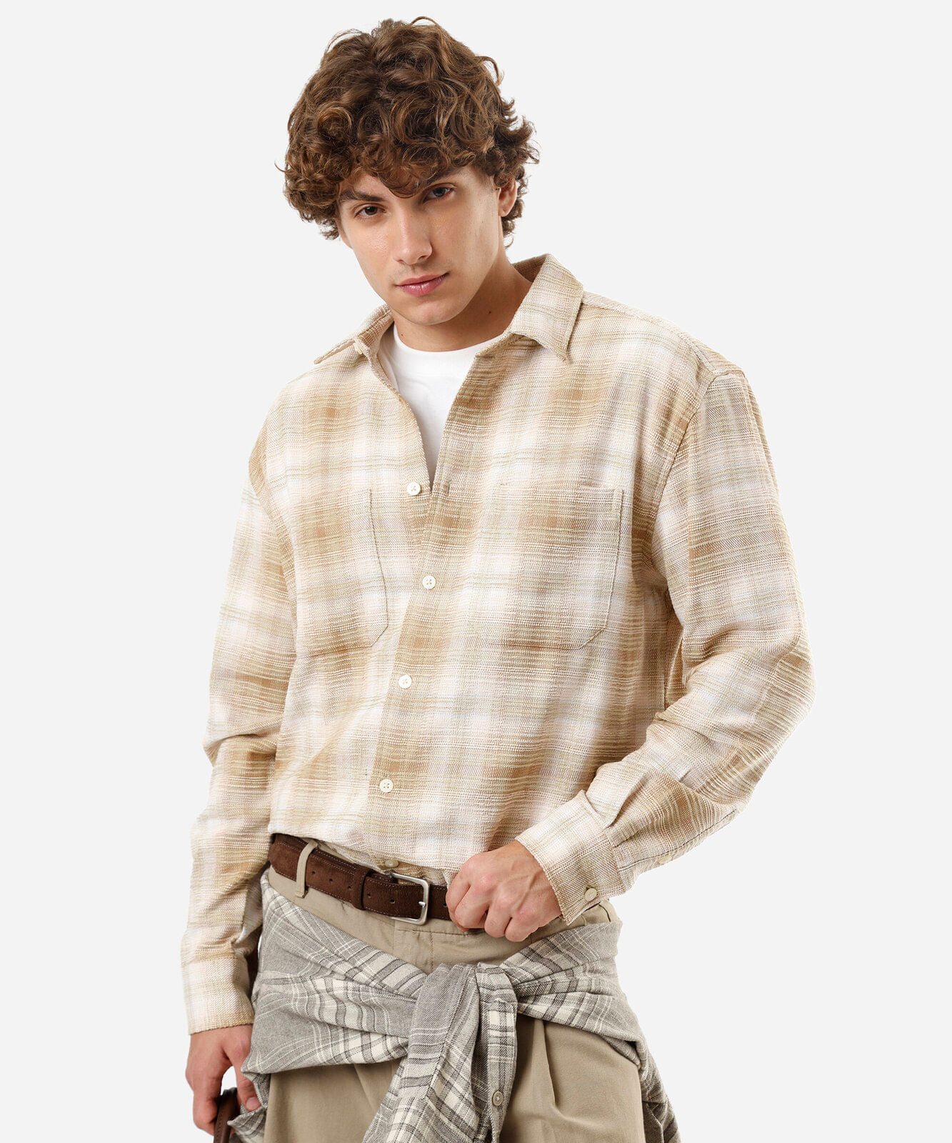 camisa masculina com algodão manga longa xadrez bege