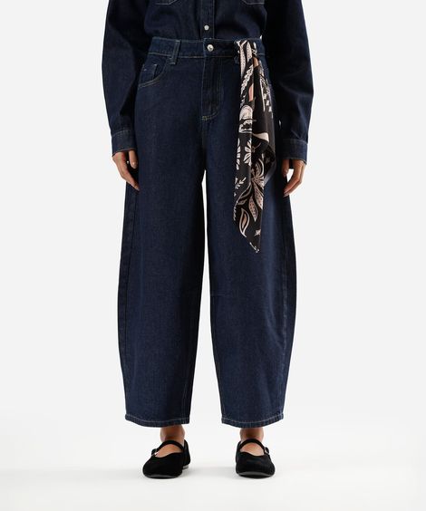 calça baggy cropped feminina jeans com lenço azul