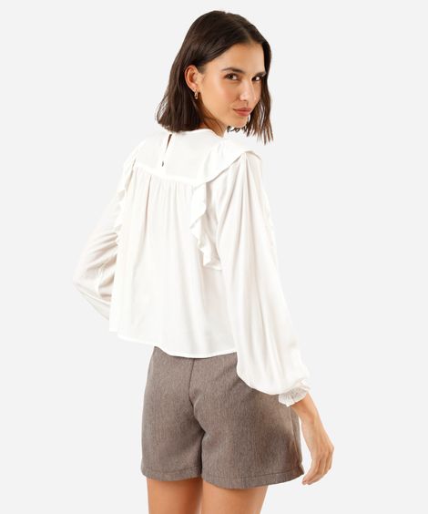bata feminina de viscose com babado e bordado manga longa off white