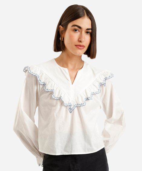 bata feminina de algodão com babados manga longa off white