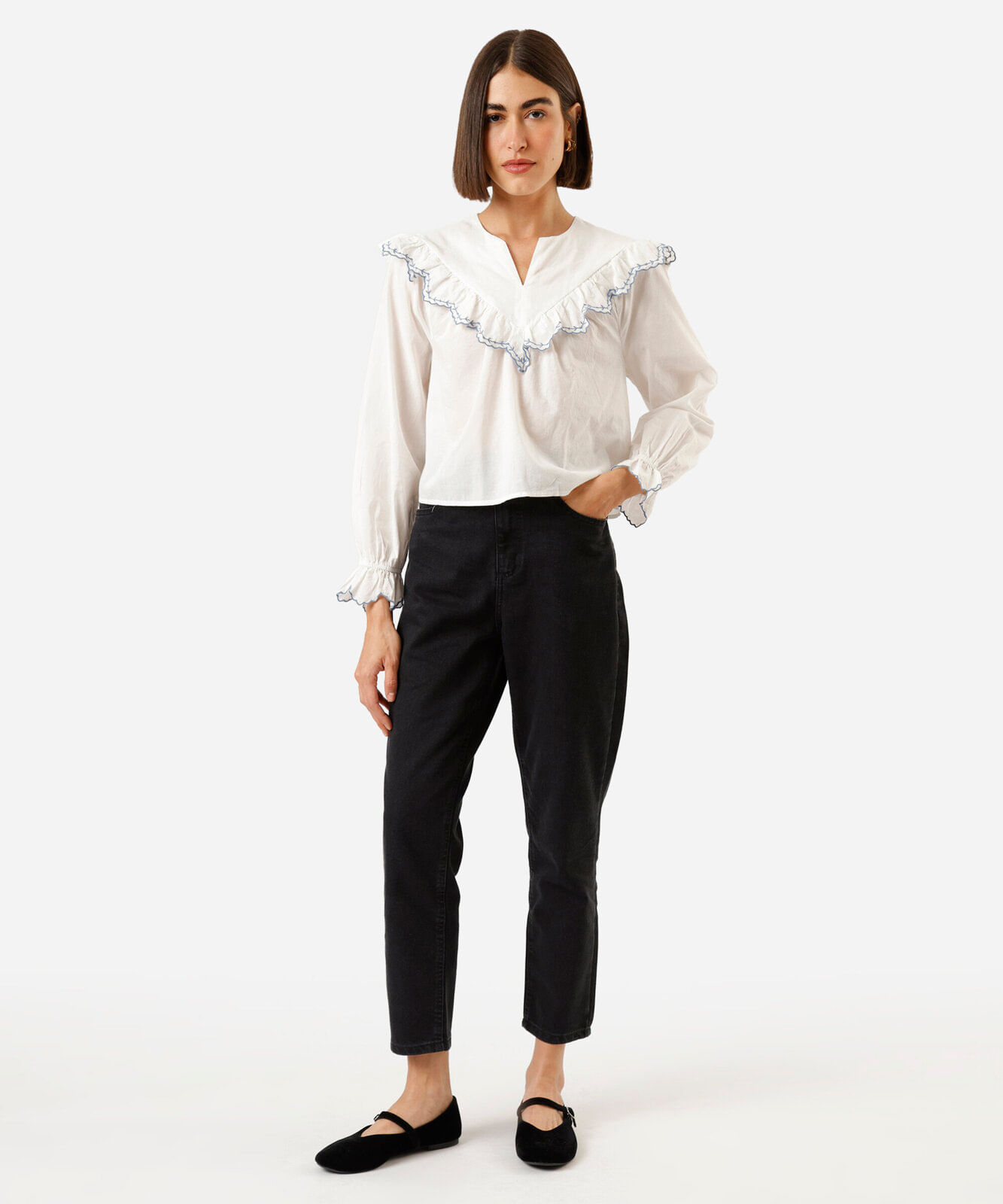 bata feminina de algodão com babados manga longa off white