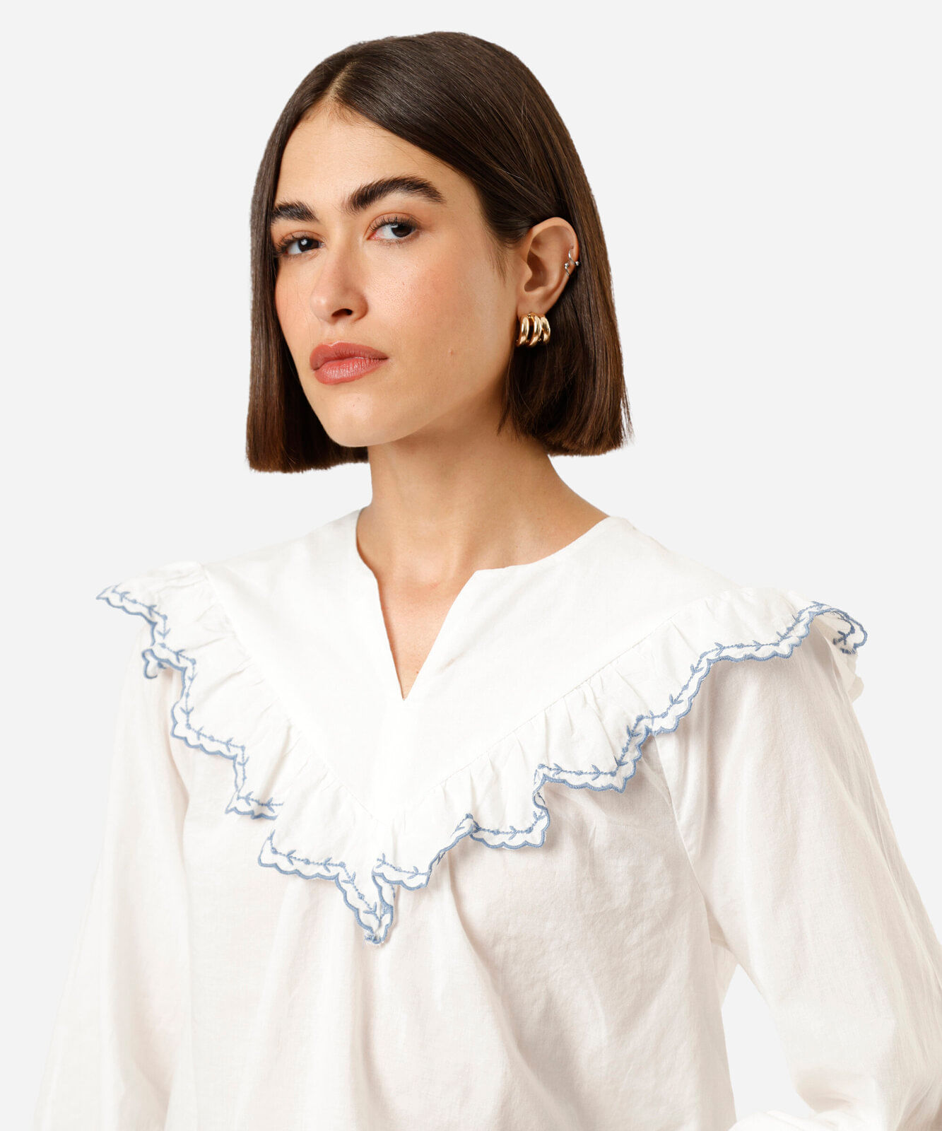 bata feminina de algodão com babados manga longa off white