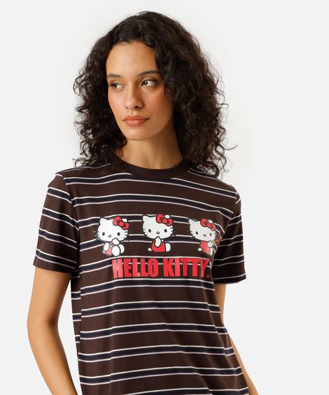 camiseta feminina com algodão hello kitty listrada marrom