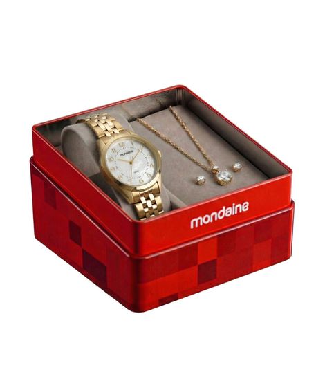 kit relógio feminino mondaine analógico 99919lpmkde1k1 dourado