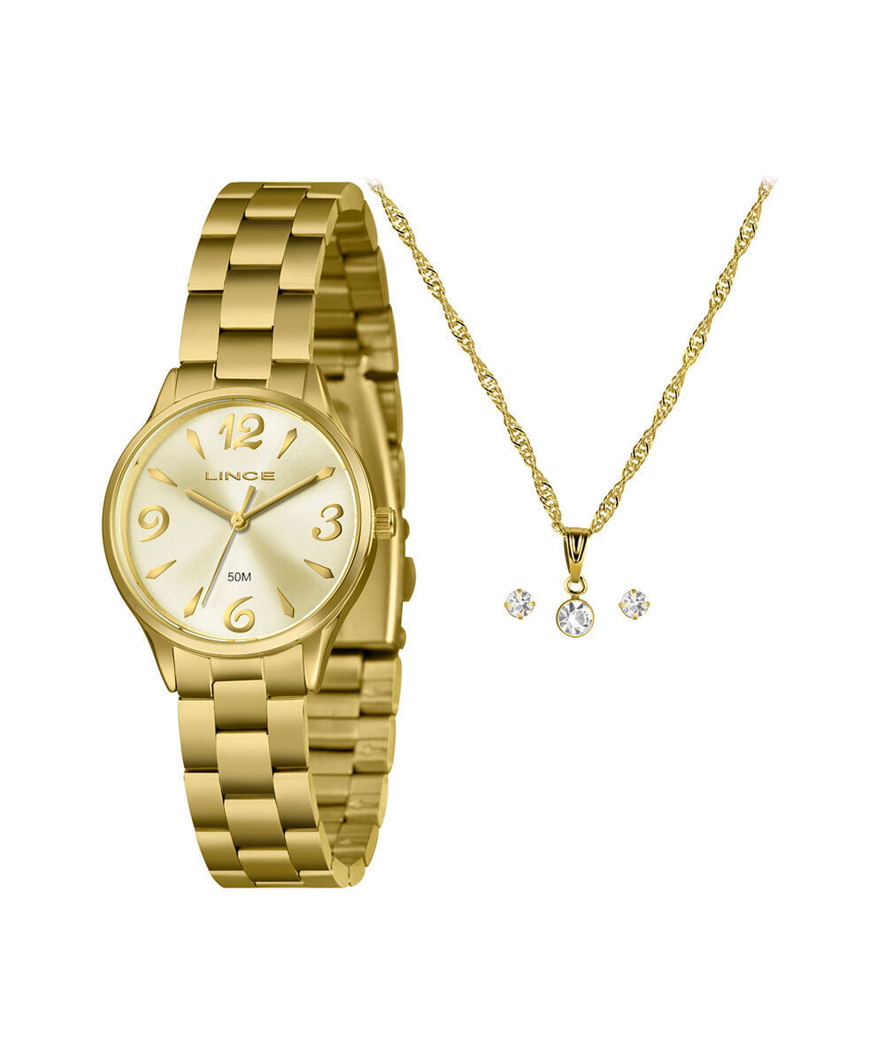 kit relógio feminino lince analógico lrgh007l30 kafkc2kx dourado