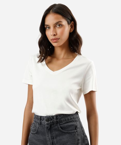 camiseta slim feminina de algodão peruano decote v manga curta off white