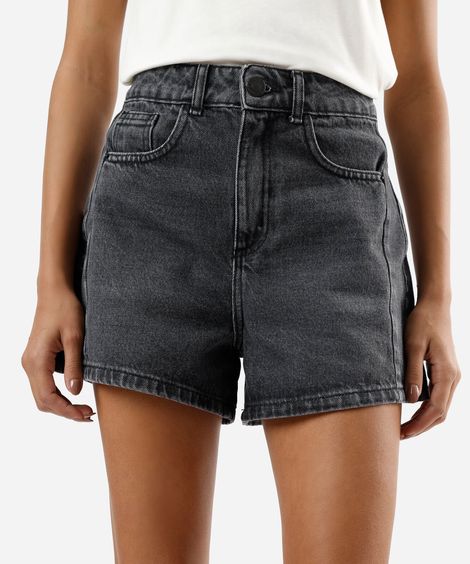 short feminino jeans com recorte lateral cintura média preto