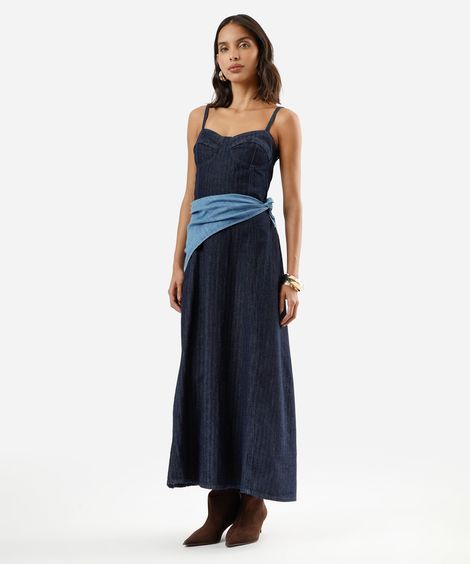vestido midi alça fina feminino jeans listrado azul