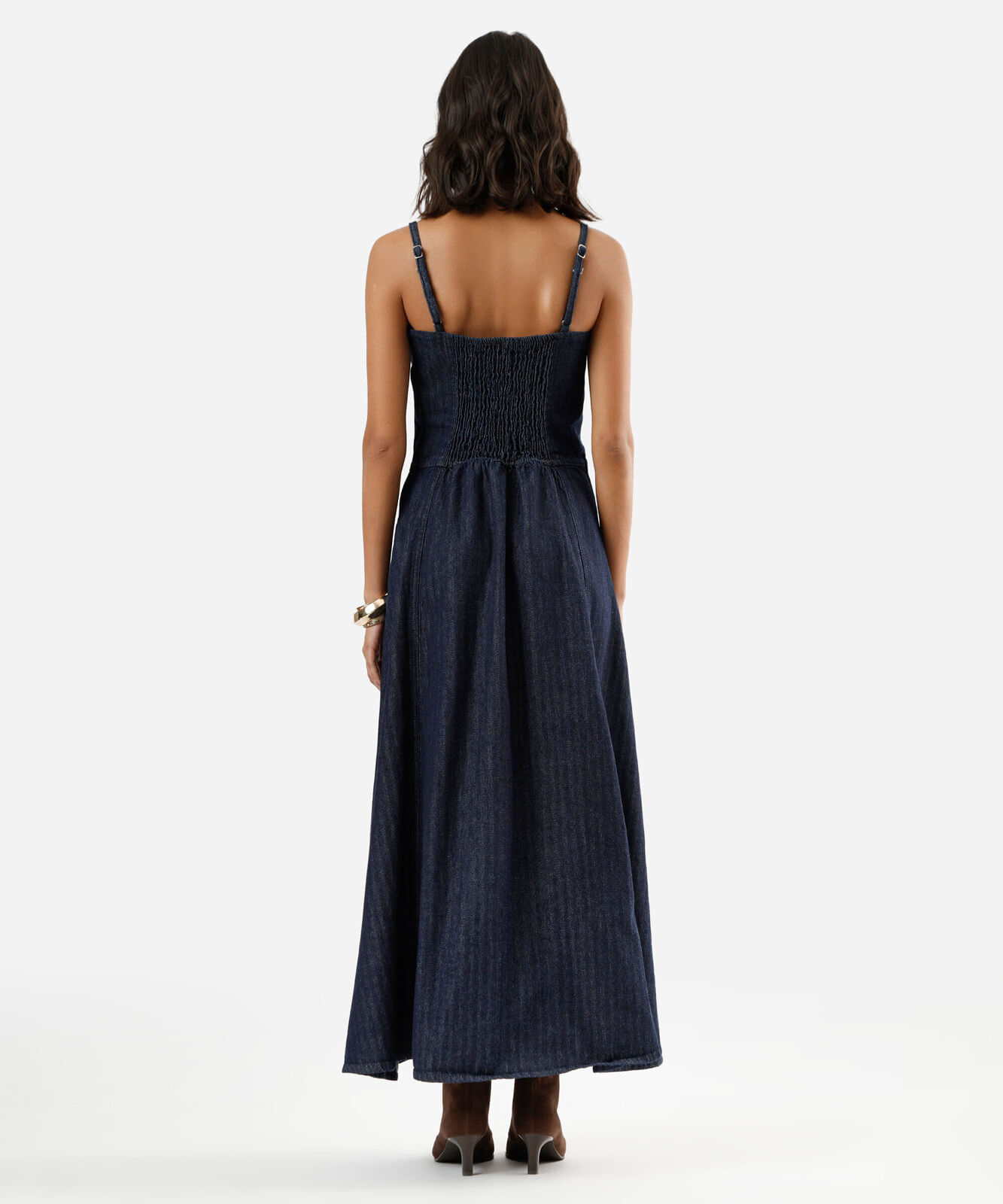 vestido midi alça fina feminino jeans listrado azul