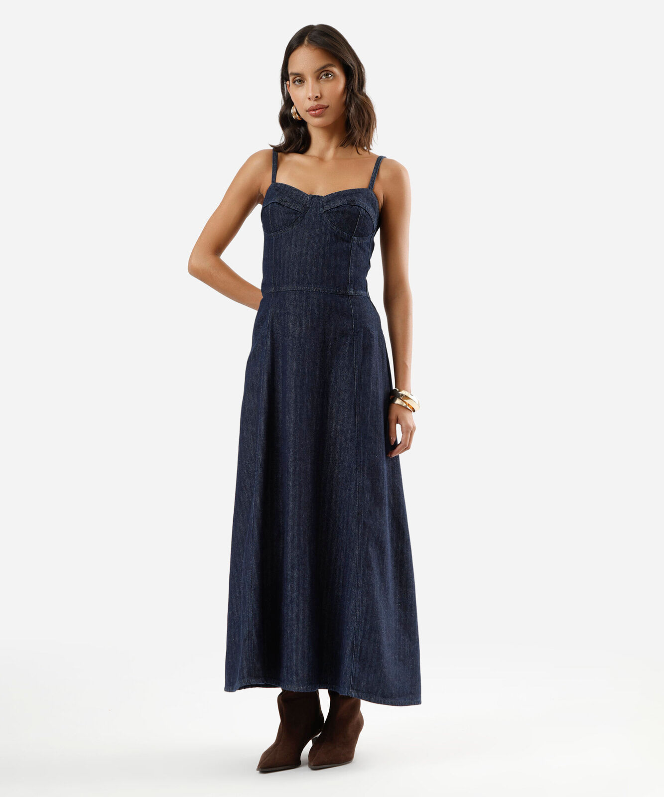 vestido midi alça fina feminino jeans listrado azul