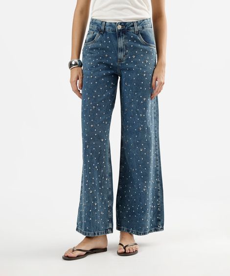 calça wide leg feminina jeans com tachas cintura média azul