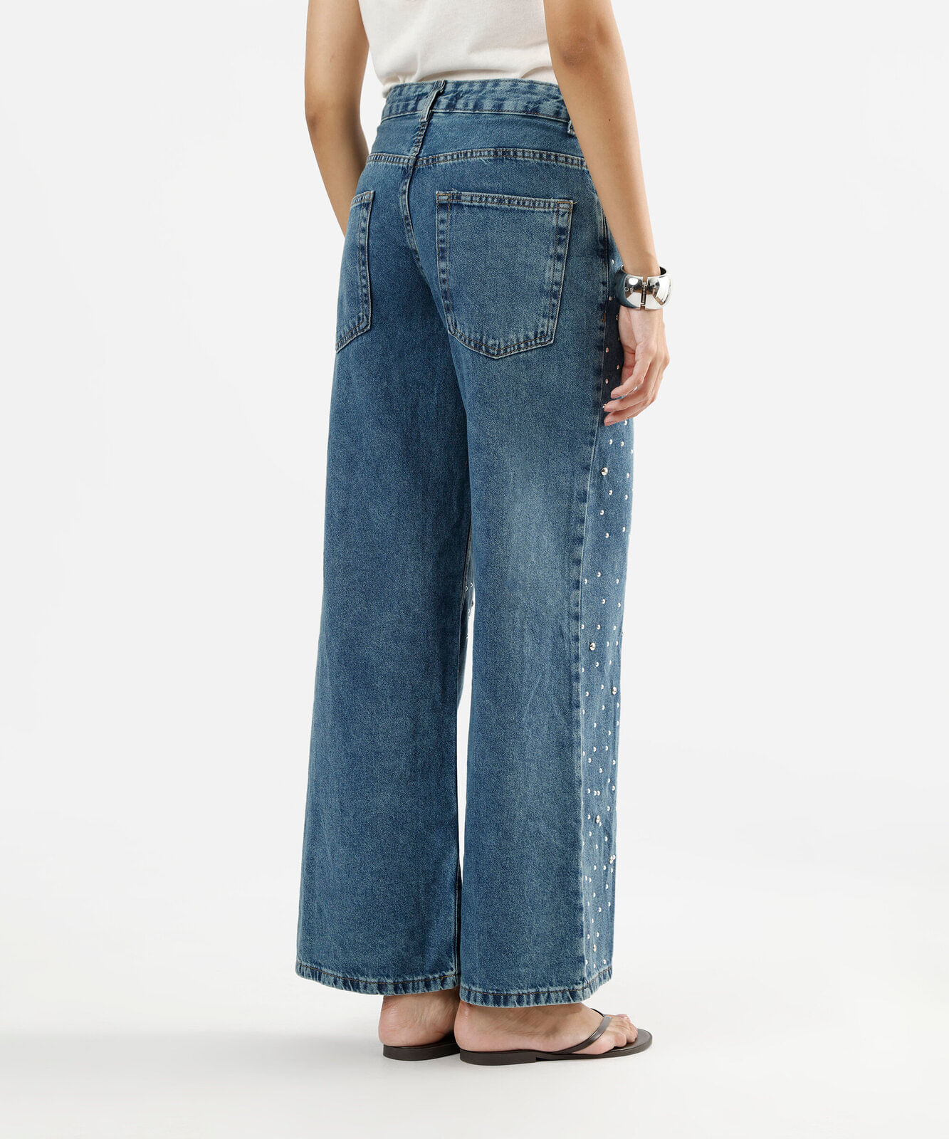 calça wide leg feminina jeans com tachas cintura média azul