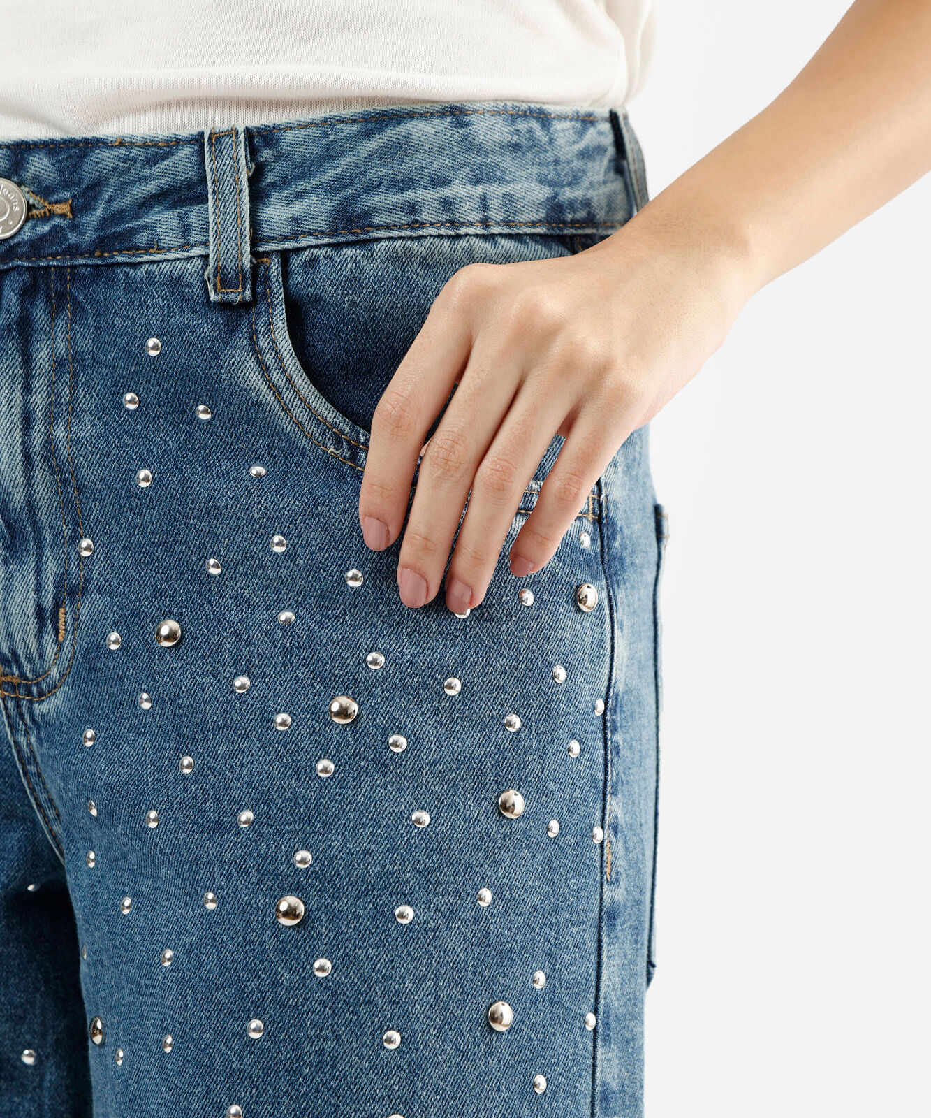 calça wide leg feminina jeans com tachas cintura média azul