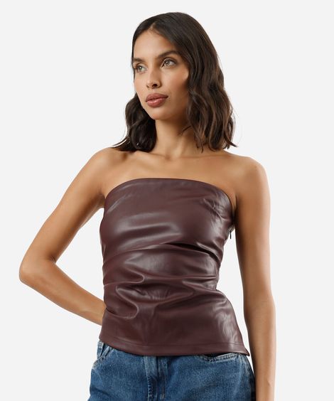 blusa sem alça feminina de pu com pregas vinho