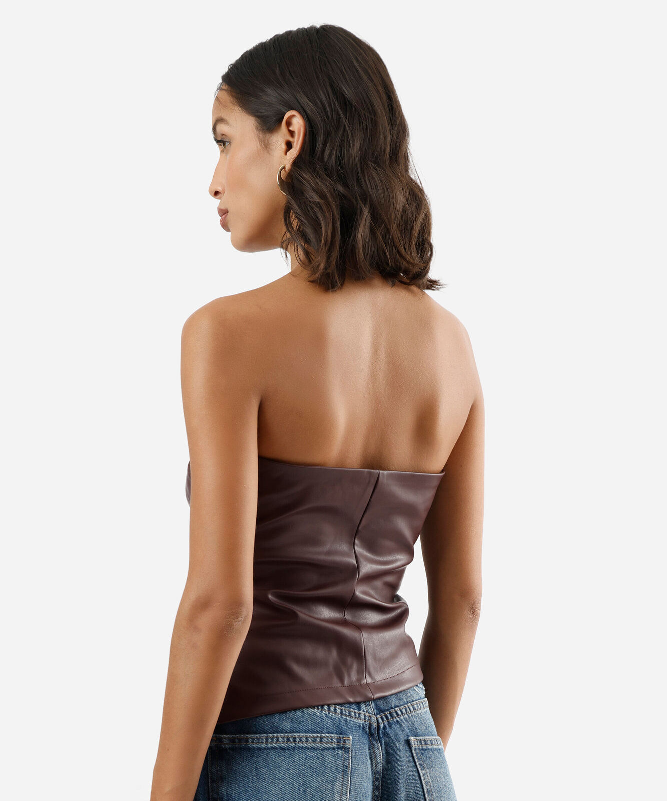 blusa sem alça feminina de pu com pregas vinho