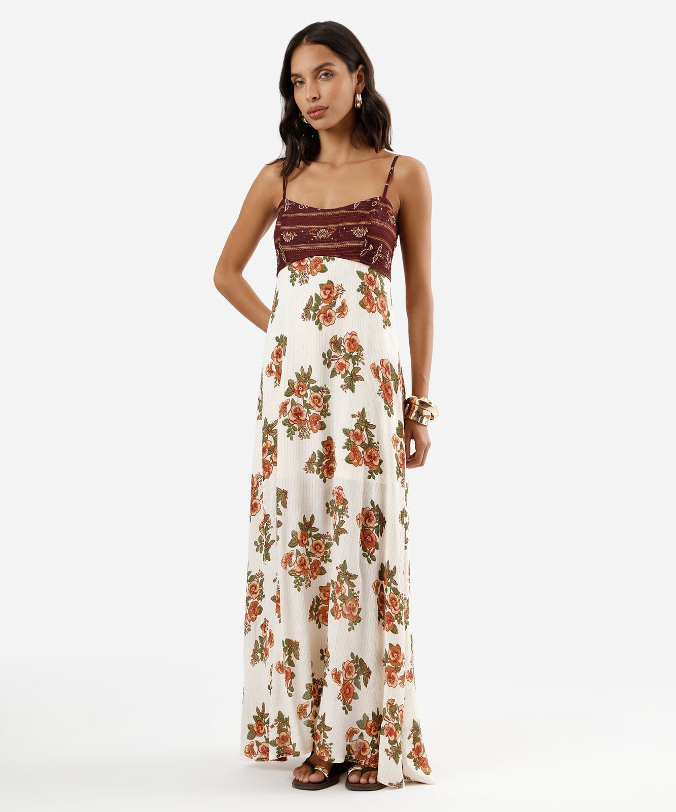 vestido longo alça fina feminino de viscose com lurex floral bege