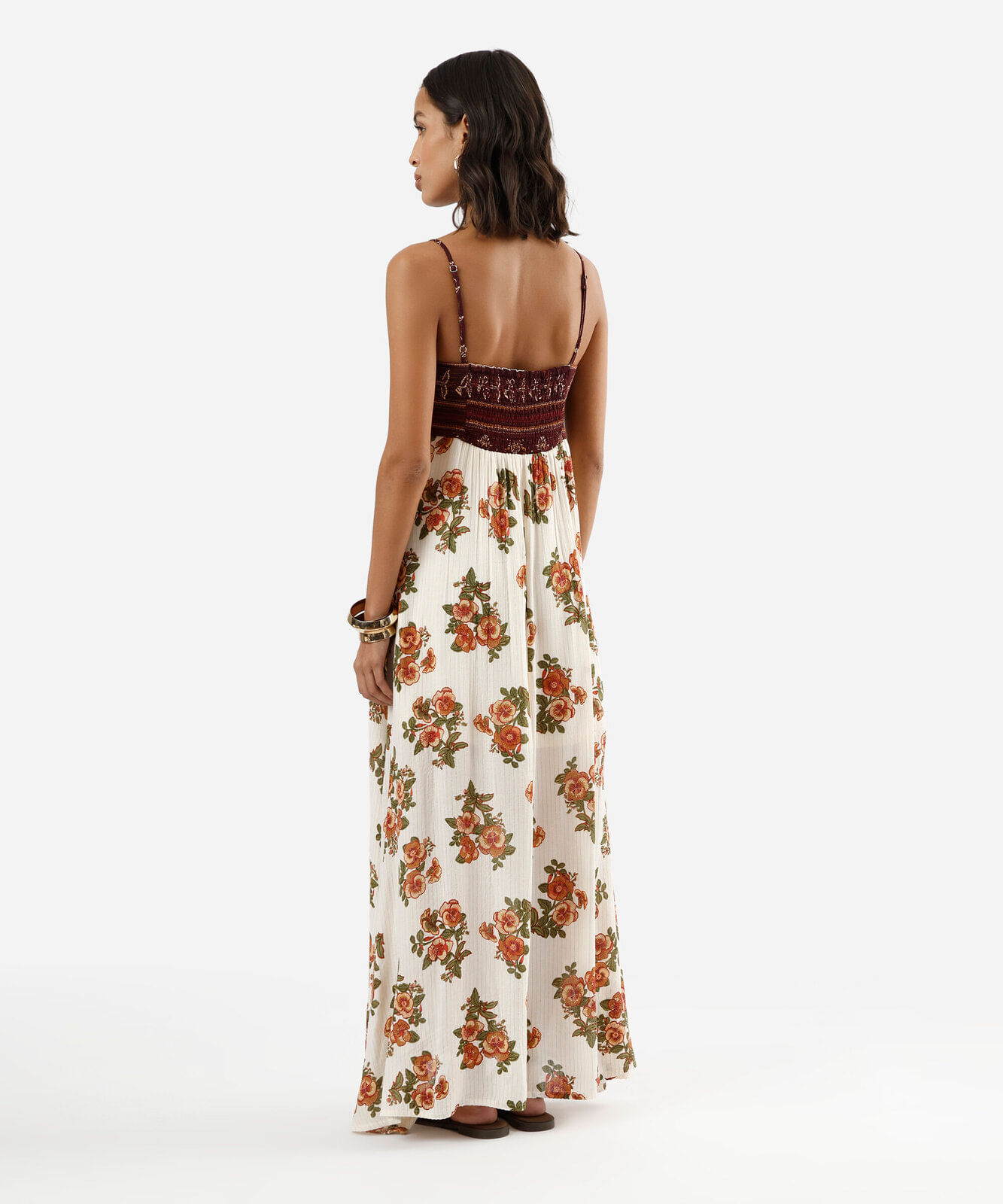 vestido longo alça fina feminino de viscose com lurex floral bege