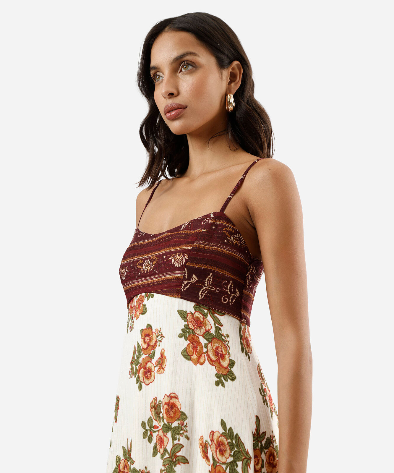 vestido longo alça fina feminino de viscose com lurex floral bege