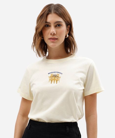 camiseta feminina de algodão manga curta estampada bege