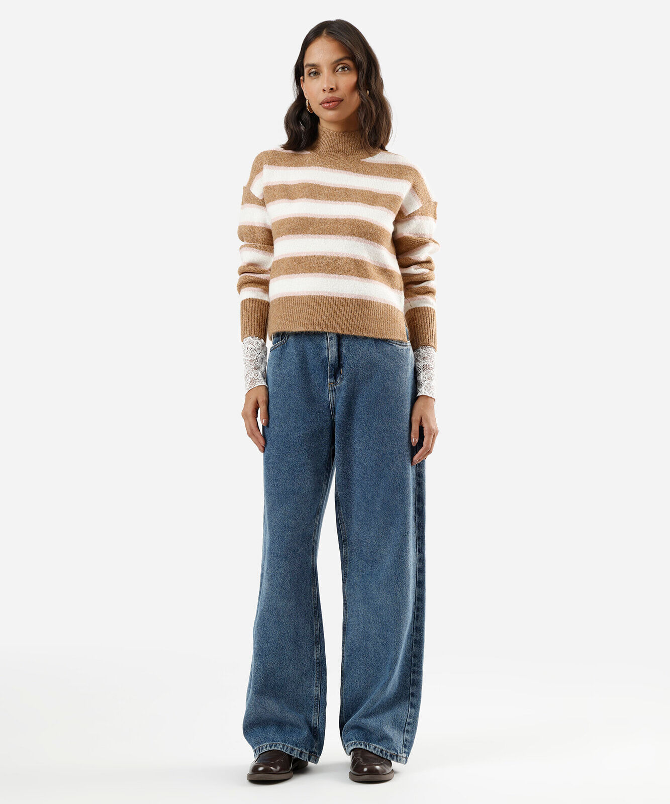 suéter feminino de tricot gola alta listrado marrom