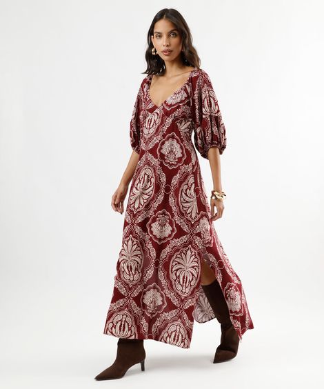 vestido midi de viscose manga bufante arabescos vinho