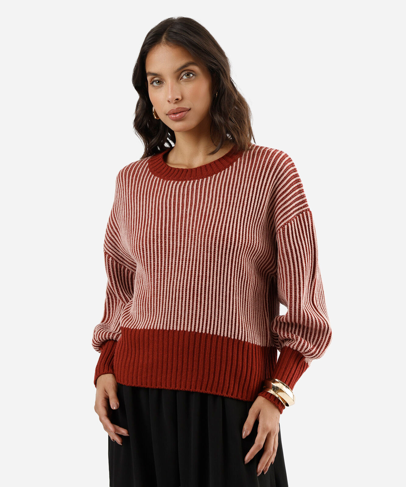 suéter feminino de tricot  manga bufante listrado vinho