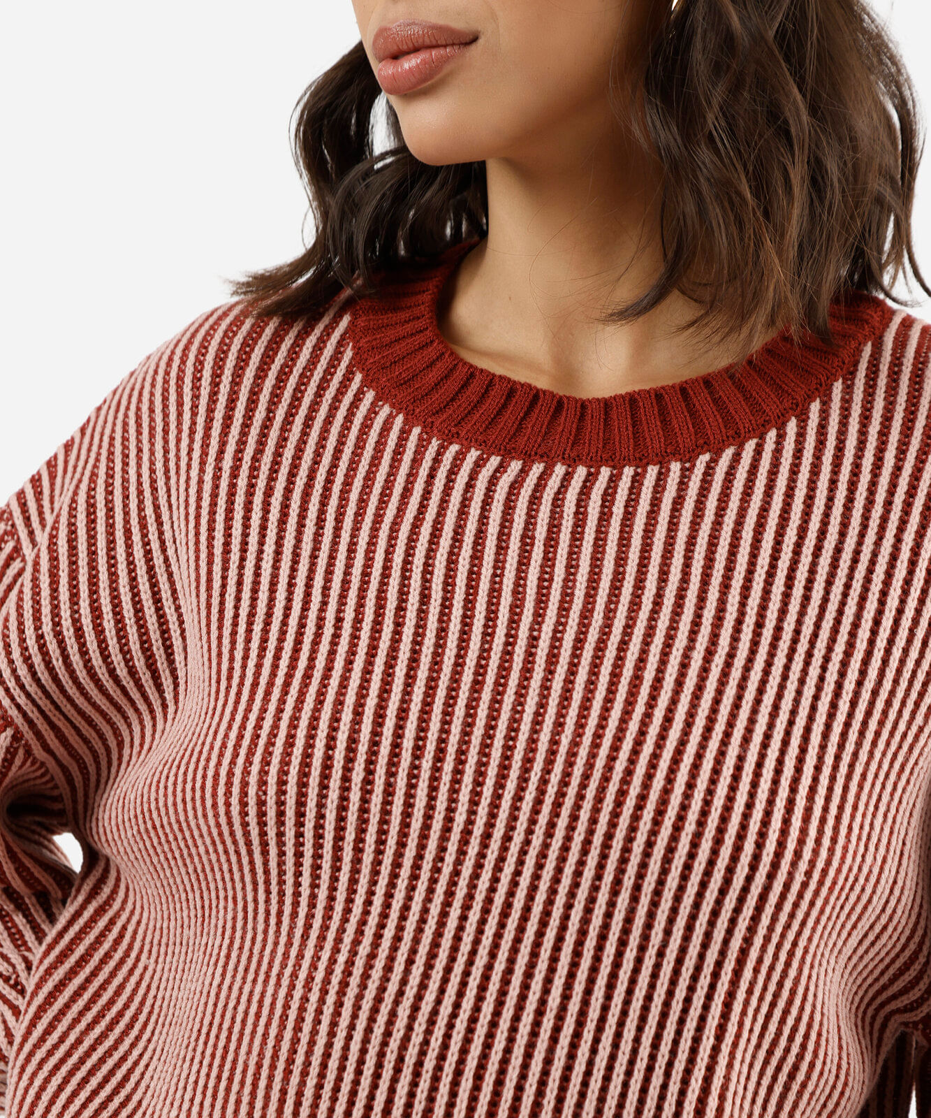 suéter feminino de tricot  manga bufante listrado vinho
