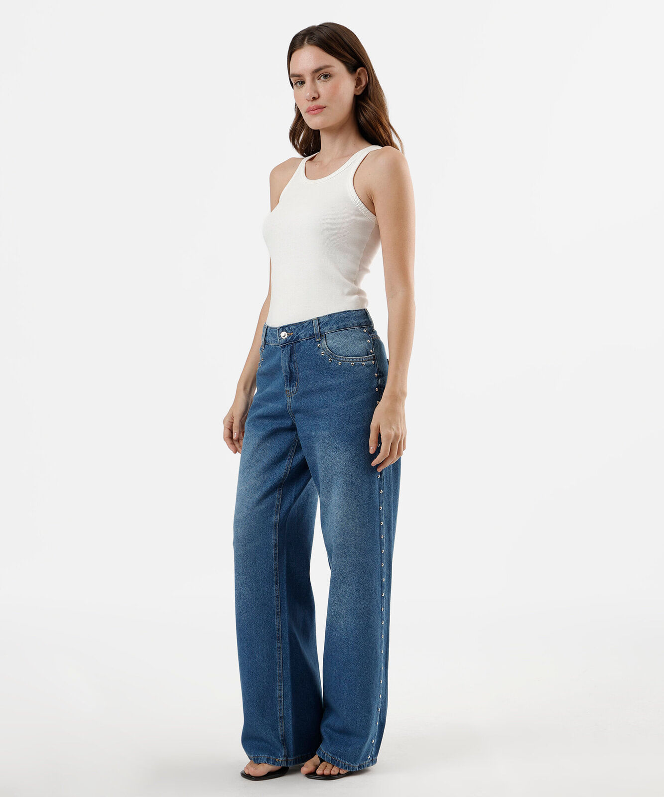calça wide leg feminina com tachas cintura baixa azul