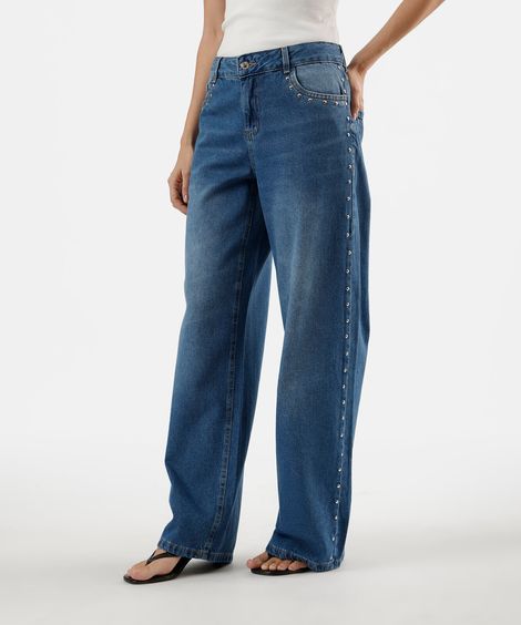 calça wide leg feminina com tachas cintura baixa azul