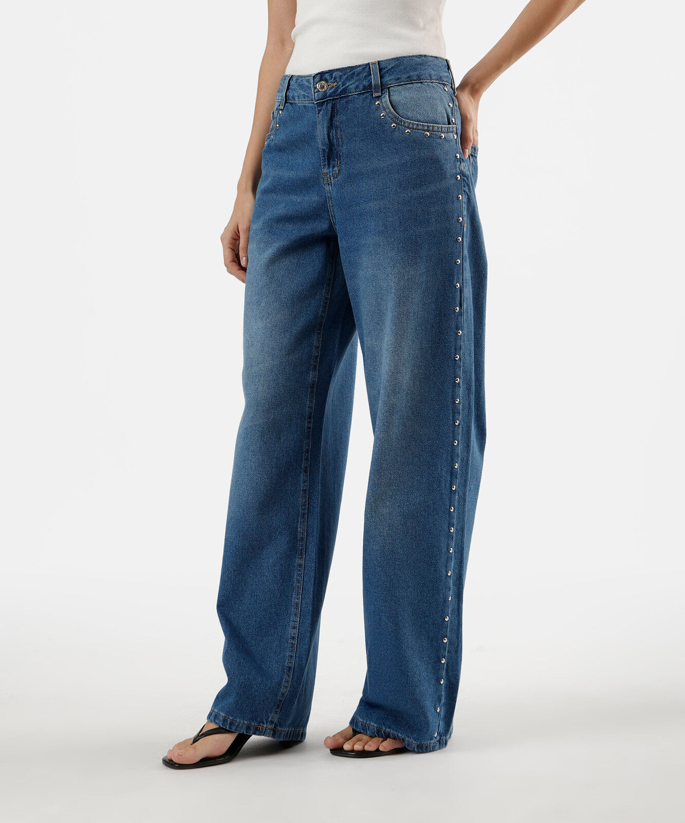 calça wide leg feminina com tachas cintura baixa azul