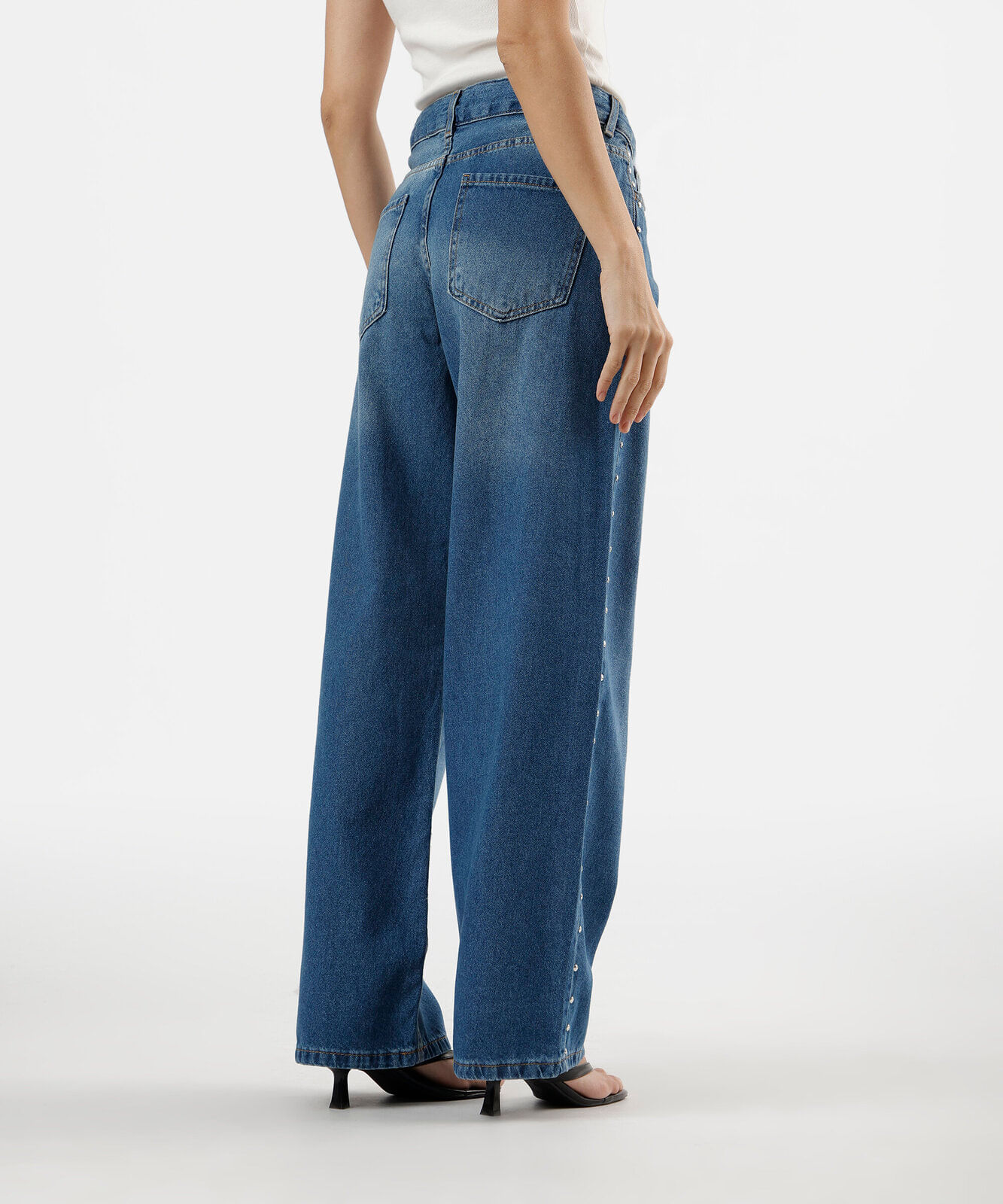calça wide leg feminina com tachas cintura baixa azul