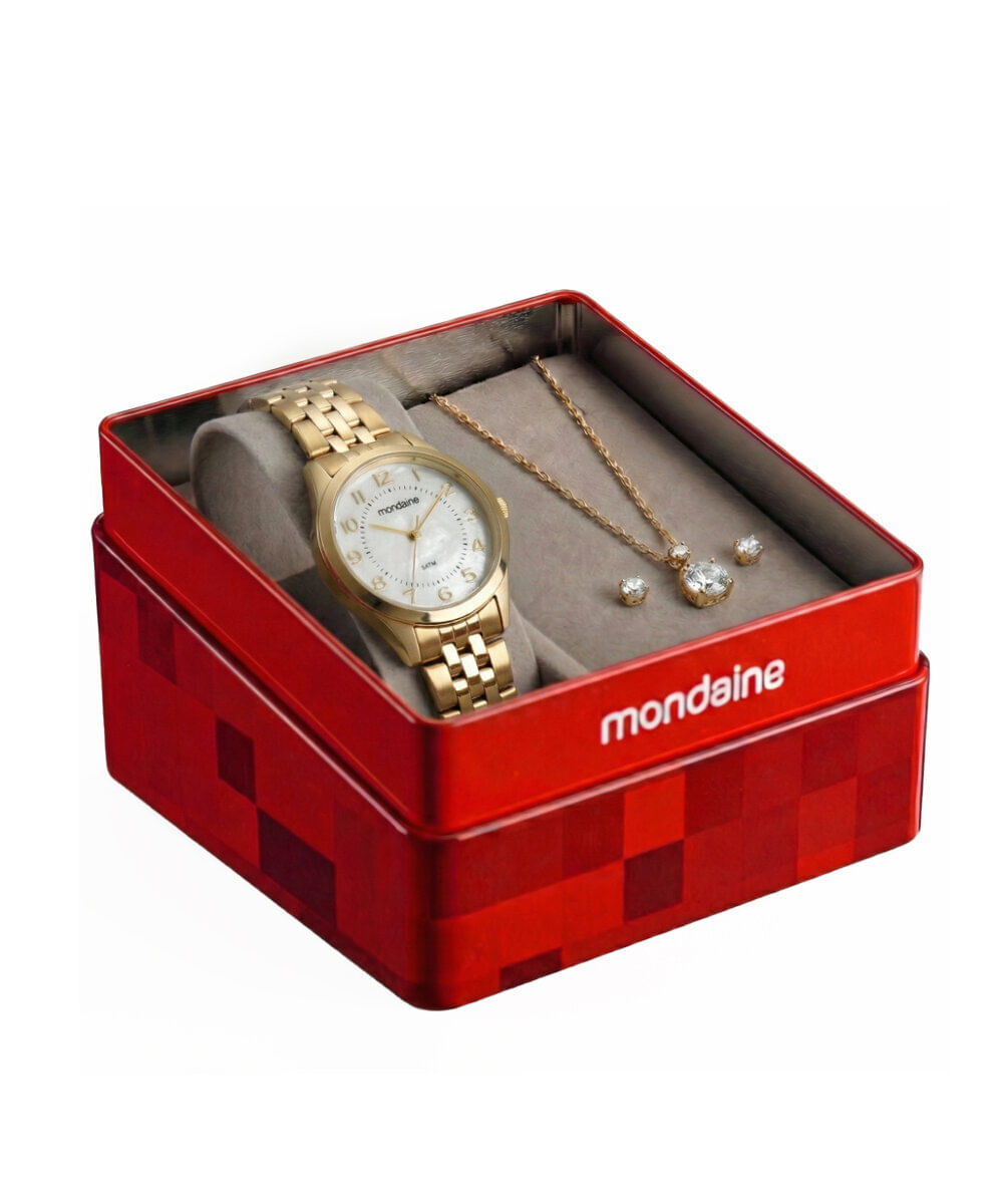 kit relógio feminino mondaine analógico 99919lpmkde1k1 dourado