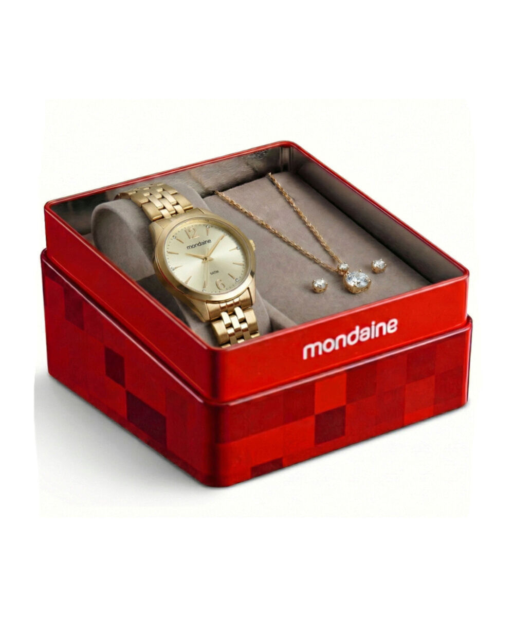kit relógio feminino mondaine analógico 99911lpmkde1k1 dourado