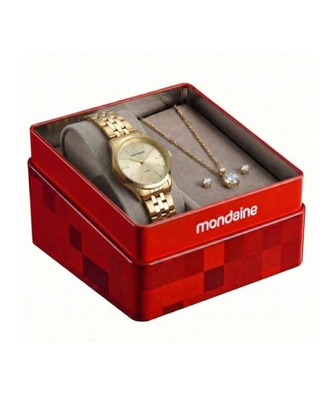 kit relógio feminino mondaine analógico 99916lpmkde1k1 dourado