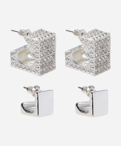 kit de 2 brincos argola com brilhos prateado